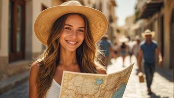 ai gerado lindo menina turista com uma mapa dentro dela mãos dentro a cidade foto