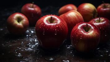 ai gerado suculento maduro vermelho maçãs em uma Sombrio fundo foto