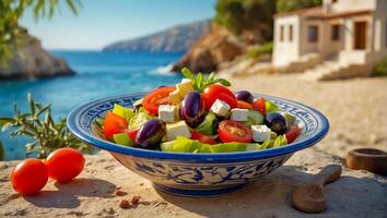 ai gerado delicioso grego salada dentro uma prato ao ar livre dentro Grécia foto