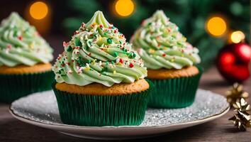 ai gerado delicioso bolos de copo com creme em a mesa foto