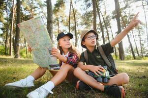 crianças dentro verde floresta jogando, conceito do crianças Férias e viagem foto