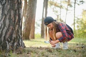 traseiro Visão imagem do fofa pequeno menina explorando a natureza com ampliação vidro ar livre. criança jogando dentro a floresta com ampliação vidro. foto