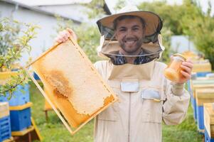 apicultor trabalhando coletar mel. apicultura conceito. foto
