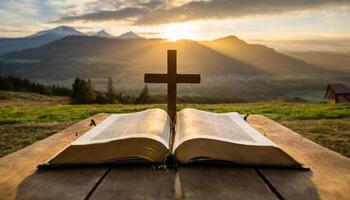 ai gerado aberto Bíblia livro em uma de madeira mesa às pôr do sol com Cruz dentro frente do isto. Forte cristão fé foto
