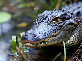 ai gerado crocodilo esperando para Está presa se escondendo dentro a emboscada foto