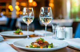 ai gerado jantar dentro caro de luxo restaurante com requintado Comida e óculos do francês vinho foto