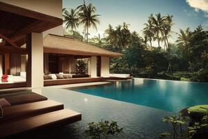 luxo com tropical selva villa recorrer luxuoso natação piscina. generativo ai ilustração foto