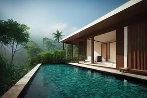 luxo com tropical selva villa recorrer luxuoso natação piscina. generativo ai ilustração foto