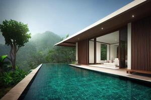 luxo com tropical selva villa recorrer luxuoso natação piscina. generativo ai ilustração foto