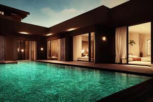 luxo com tropical selva villa recorrer luxuoso natação piscina. generativo ai ilustração foto