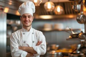 ai gerado uma masculino chefe de cozinha em pé dentro uma comercial cozinha foto