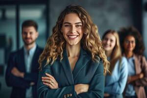 ai gerado uma o negócio mulher em pé dentro frente do dela equipe foto