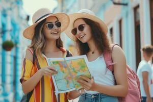 ai gerado dois jovem mulheres olhando às uma mapa enquanto em pé em uma rua foto