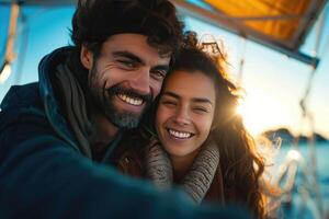 ai gerado feliz casal estão levando uma selfie em uma barco foto