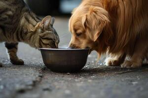 ai gerado uma gato e cachorro comendo a partir de uma tigela foto