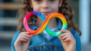 ai gerado menina criança é segurando arco Iris infinidade símbolo. neurodiversidade consciência conceito. foto