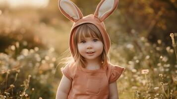 ai gerado fofa jovem menina é vestindo a Páscoa Coelho traje com Coelho orelhas dentro uma brilhante Primavera ao ar livre foto. foto