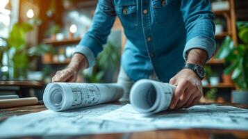 ai gerado a arquiteto avaliações e desenrola plantas em uma mesa dentro uma brilhante moderno escritório espaço foto