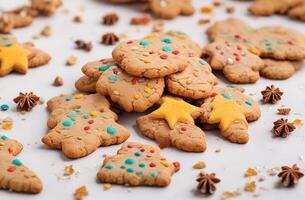 ai gerado festivo Natal gengibre e querida colorida biscoitos em branco borda foto