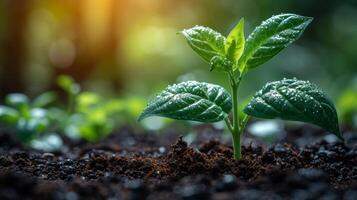 ai gerado fechar acima verde plantinha crescendo em fertil solo com borrado natureza fundo. generativo ai foto