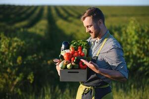 uma masculino agricultor com uma caixa do fresco legumes anda em ao longo dela campo. saudável comendo e fresco legumes foto