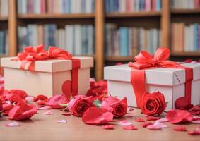 ai gerado uma vibrante ramalhete do vermelho rosas em pé alta dentro a biblioteca foto