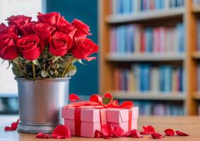 ai gerado uma vibrante ramalhete do vermelho rosas em pé alta dentro a biblioteca foto