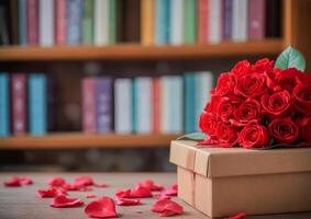 ai gerado uma vibrante ramalhete do vermelho rosas em pé alta dentro a biblioteca foto