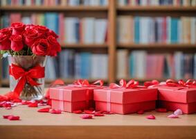 ai gerado uma vibrante ramalhete do vermelho rosas em pé alta dentro a biblioteca foto