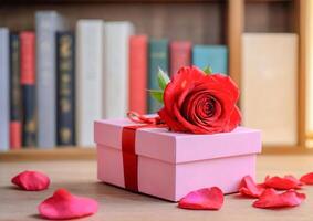 ai gerado uma vibrante ramalhete do vermelho rosas em pé alta dentro a biblioteca foto