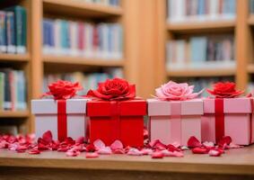 ai gerado uma vibrante ramalhete do vermelho rosas em pé alta dentro a biblioteca foto