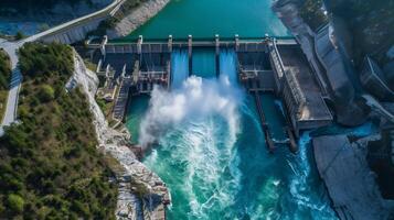 ai gerado lindo aéreo Visão do enorme barragem ,hidroelétrica poder dentro natureza gerar eletricidade . foto