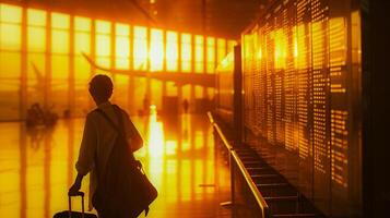 ai gerado silhueta jovem turista Veja às voar em formação borda com dourado luz às aeroporto . foto