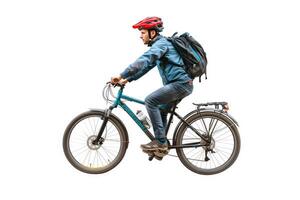ai gerado casual ciclista com mochila equitação uma bicicleta - urbano ecológico comutar conceito foto