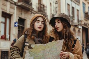 ai gerado dois jovem mulheres olhando às uma mapa enquanto em pé em uma rua foto
