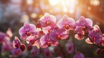 ai gerado orquídea flores fechar-se às dourado hora ao ar livre foto