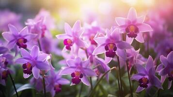 ai gerado orquídea tolet flores fechar-se às dourado hora ao ar livre foto