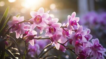 ai gerado orquídea tolet flores fechar-se às dourado hora ao ar livre foto