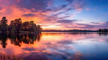 ai gerado água lago nascer do sol panorâmico ai gerado foto