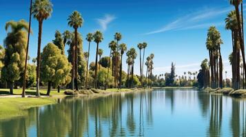 ai gerado paraíso Palma árvores lago ai gerado foto