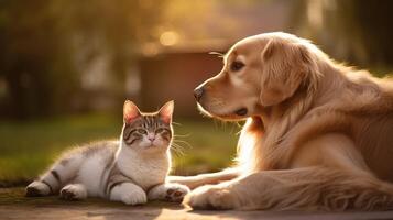 ai gerado animal cachorro e gato lado de fora ai gerado foto