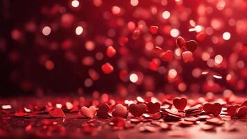 ai gerado romântico fundo com queda vermelho corações confete e desfocado bokeh luzes. amor conceito, dia dos namorados dia Projeto foto