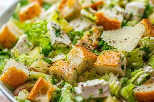 ai gerado César salada com ervas, croutons e queijo, fechar-se foto