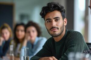 ai gerado jovem hispânico homem ouvindo para apresentação dentro grupo encontro dentro escritório foto