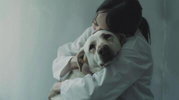 ai gerado humano de melhor amigo , depressivo mulher é abraçando cachorro com amor . foto