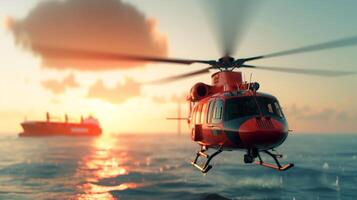 ai gerado helicóptero é vôo longe a partir de carga navio ,enviando piloto , mar resgate . foto