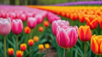 ai gerado foto do exibindo uma país das maravilhas do tulipas dentro diferente tons criando uma visualmente cativante tema primavera fundo. ai gerado