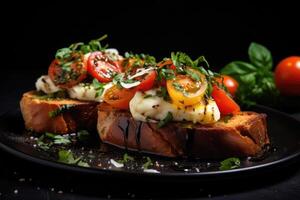 ai gerado grelhado caprese sanduíche Sediada em fermento pão com a Adição do tomates, mozzarella queijo, fresco manjericão e Oliva óleo foto