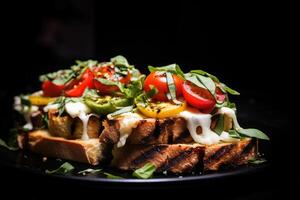 ai gerado grelhado caprese sanduíche Sediada em fermento pão com a Adição do tomates, mozzarella queijo, fresco manjericão e Oliva óleo foto