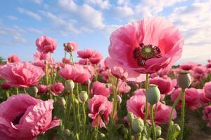 ai gerado cultivo do Rosa papoula Papaver somniferum, para óleo Extração. foto